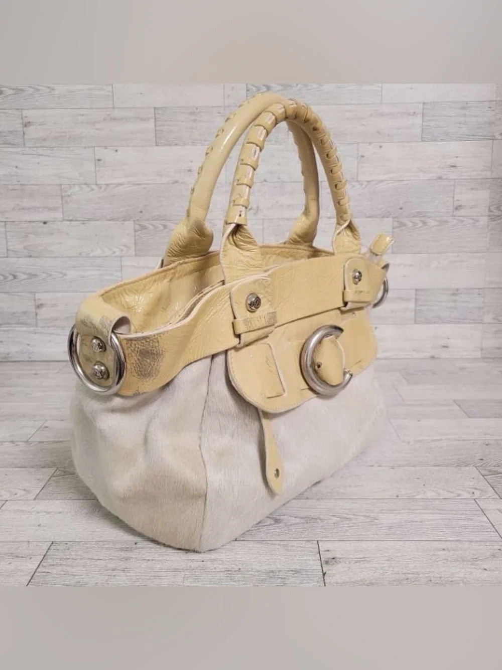 Women’s Francesco Biasia Pony Hair Brown Leather Medium Purse Handbag White